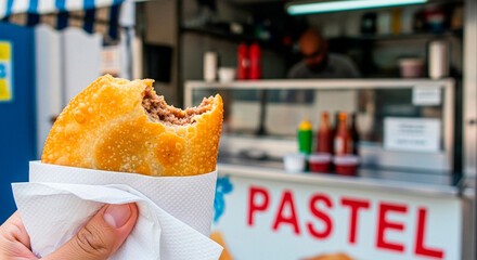 Hand Holding a Bitten Pastel with a Traditional Brazilian Pastel Stand in the Background