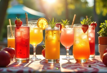 Fototapeta premium Vibrant Colorful Mocktails Refreshing Delight Unique Glasses Bold Flavors Festive Drinks Summer Vibes Exquisite Presentation