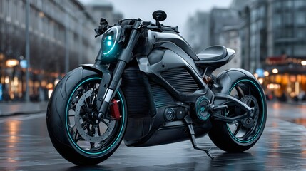 Modern electric motorcycle parked on city street at dusk
