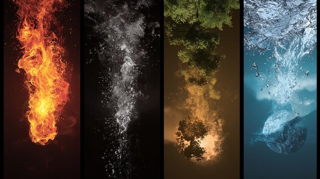 Dynamic visual symphony showcasing the raw power and beauty of the four elements fire water earth air in striking abstract compositions