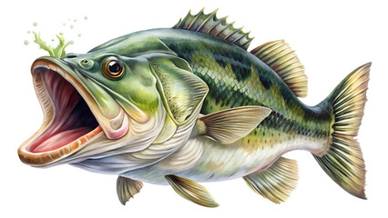 Illustration of a largemouth bass with its mouth open, isolated on transparent background, showcasing its distinctive features and coloration