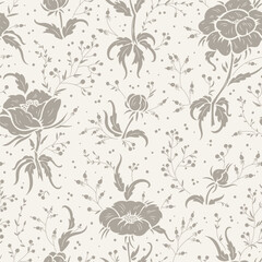 Seamless Wildflowers Vector Gray Beige Pattern. Floral Monochrome Background with Flowers, Leaves, Berry Branches. Beautiful Floral Print for Spring, Summer, Autumn Nature Vintage Wallpaper
