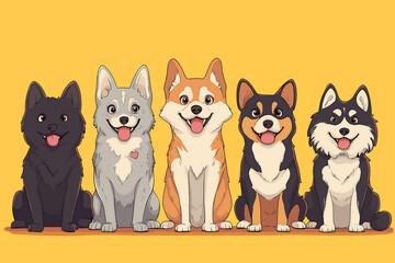 Group of cartoon dogs sitting happily together on bright yellow background