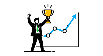 Businessman Celebrating Success with Trophy and Upward Trend Chart