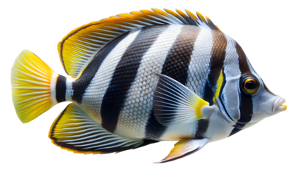 A beautiful striped fish with yellow fins swims gracefully in the ocean, isolated on transparent background, showcasing its unique pattern and vibrant colors