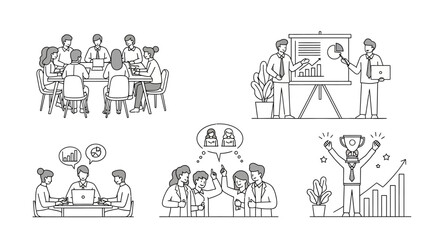 Business Teamwork and Success: Line Art Illustrations of Collaboration and Achievement