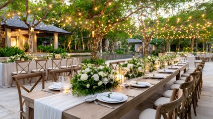 Elegant long table setting with white flowers and string lights in garden venue