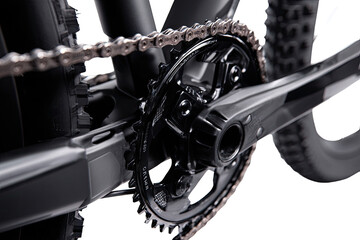 Close-up mountain bike crankset, chain, forest background, advertising