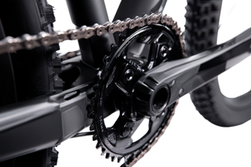 Close-up mountain bike crankset, chain, forest background, advertising