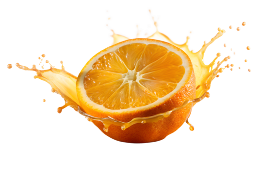 A juicy orange slice is splashing with vibrant juice, isolated on transparent background, creating a refreshing and visually appealing image
