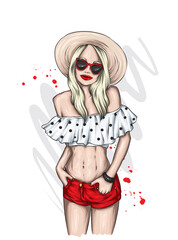 A beautiful girl in stylish clothes. Fashion and style, clothing and accessories. Vector illustration.