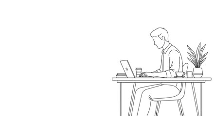 Line Art Illustration of Man Working on Laptop