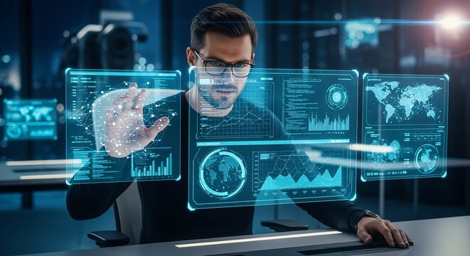 Male IT specialist manipulating holographic data screens in a high-tech control room, a concept of future innovation and analytics - Powered by Adobe