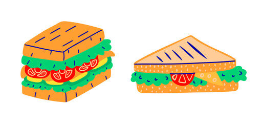 Colorful  graphic design of two sandwiches. Vector hand draw clip art