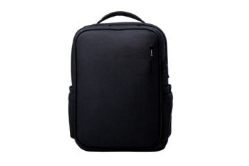 A black, structured backpack, front view, featuring a zippered main compartment, and padded shoulder straps