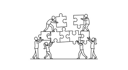 Teamwork assembling large jigsaw puzzle pieces