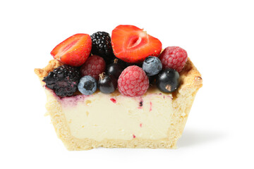 Piece of delicious berry pie isolated on white background, closeup