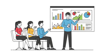 Business Presentation with Charts and Audience Illustration