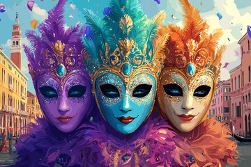 Illustrative Venice carnival masks with glitter and feathers
