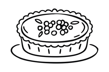 Berry pie on plate line art outline, monochrome hand drawn.