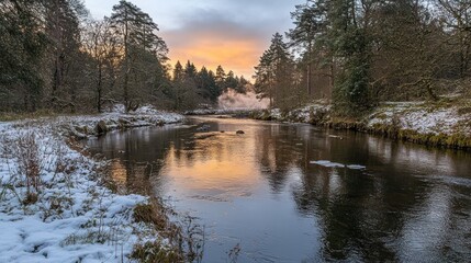 Winter sunrise over a serene river flowing through a snowy forest