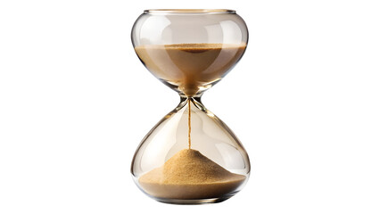 Hourglass with sand running through the bulb isolated on transparent background, symbolizing time, deadlines, and the fleeting nature of life