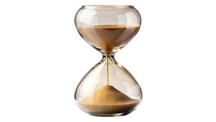Hourglass with sand running through the bulb isolated on transparent background, symbolizing time, deadlines, and the fleeting nature of life