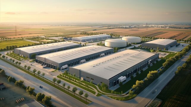 Modern Industrial Park in a vast agricultural field: An expansive industrial park, nestled amidst a vast agricultural landscape.