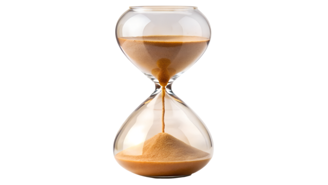 Hourglass with sand running through the bulb isolated on transparent background, symbolizing time, deadlines, and the fleeting nature of life