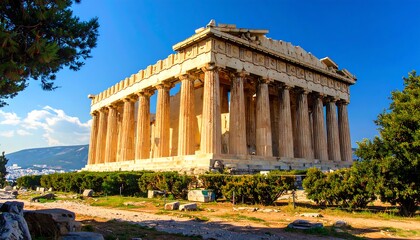 A magnificent ancient temple, bathed in sunlight, showcases intricate columns and a historical Greek structure.