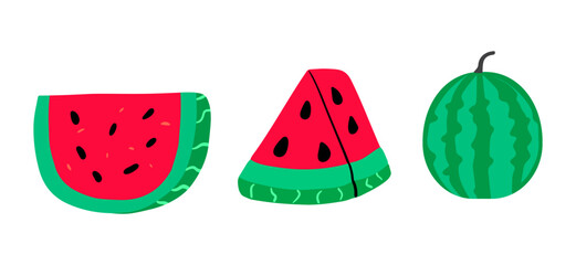 Summer watermelon colorful set. Whole fruit, slice, and wedge. Fresh, juicy elements for seasonal designs. Hand drawn collection