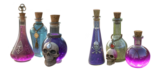 A collection of magical potions in glass bottles with skulls and ornate stoppers, isolated on transparent background