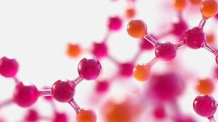 Close-up image of a molecular structure featuring bright pink and orange spheres connected by rods, illustrating chemistry concepts.