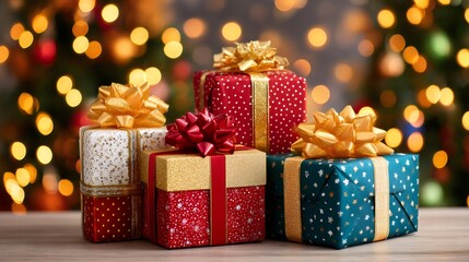Wrapped christmas presents with bows under christmas tree lights
