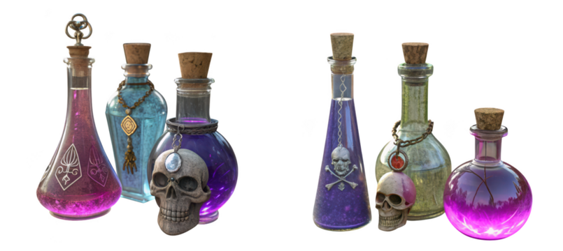 A collection of magical potions in glass bottles with skulls and ornate stoppers, isolated on transparent background