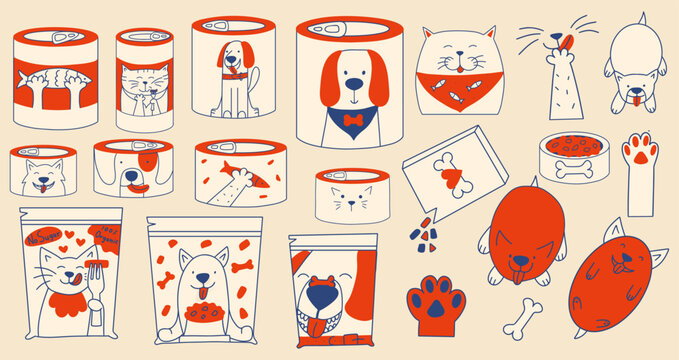 Pet food packaging design elements. Set of cute cat and dog, paws and food cans. Funny hand drawn style vector illustrations