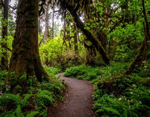 Obraz premium Enchanting path through lush rainforest environment, vibrant foliage