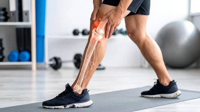 Man with Painful Knee, Anatomical Overlay, Fitness Studio
