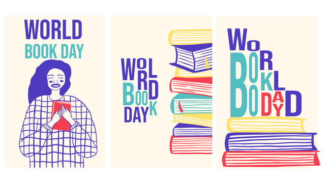 World Book Day banner. Smiling girl with book and stack of colorful books.