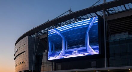 Large LED screen mounted on the exterior of a modern stadium at twilight.