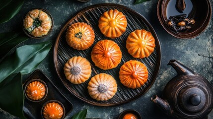Obraz premium Overhead view of assorted pastries, tea, and leaves