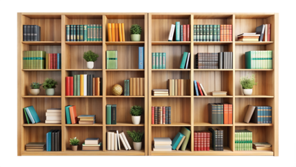 A full bookcase with many books and decorative items isolated on transparent background, perfect for a library, study, or home office setting