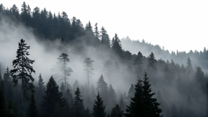 Misty forest landscape with fog rolling through the trees, creating a serene and atmospheric scene, evoking a sense of mystery and tranquility isolated on transparent background
