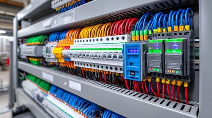Electrical cabinet showing colorful wires, relays, and circuit breakers