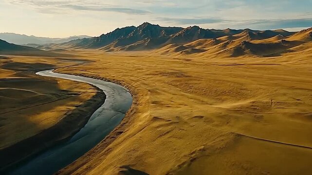 Small river flows through wide grassland valley surrounded by tall majestic mountains
