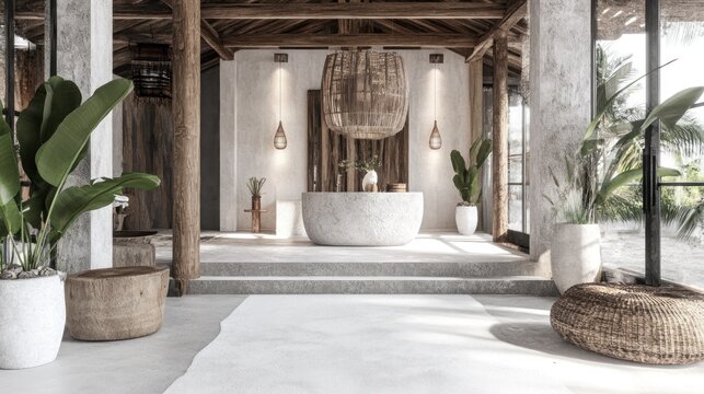 Light-filled,  rustic  lobby  with  natural  elements