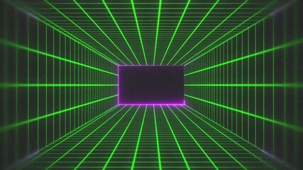 Glowing Green grid pattern and Purple neon lines and frames on a black background, perfect for digital, tech themes, retro aesthetics, or virtual reality-inspired visual projects and interfaces. - Powered by Adobe