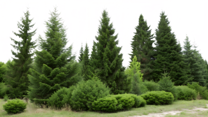 Variety of coniferous trees and bushes in a lush green setting, showcasing a natural and vibrant landscape isolated on transparent background