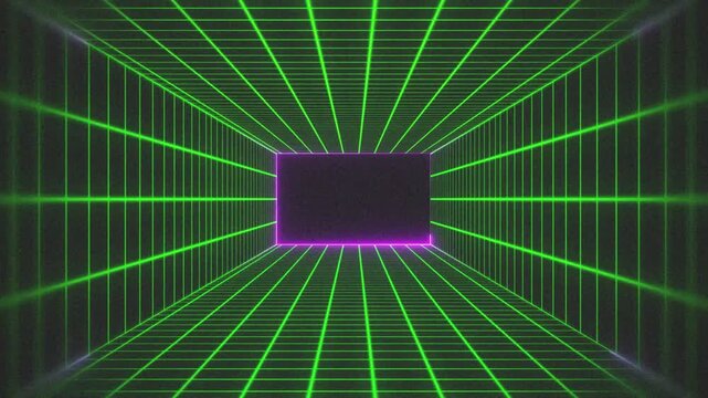 Glowing Green grid pattern and Purple neon lines and frames on a black background, perfect for digital, tech themes, retro aesthetics, or virtual reality-inspired visual projects and interfaces. 