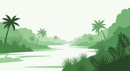 Stylized green illustration of a tranquil river winding through a dense tropical jungle with palm trees and lush foliage. © Gilang